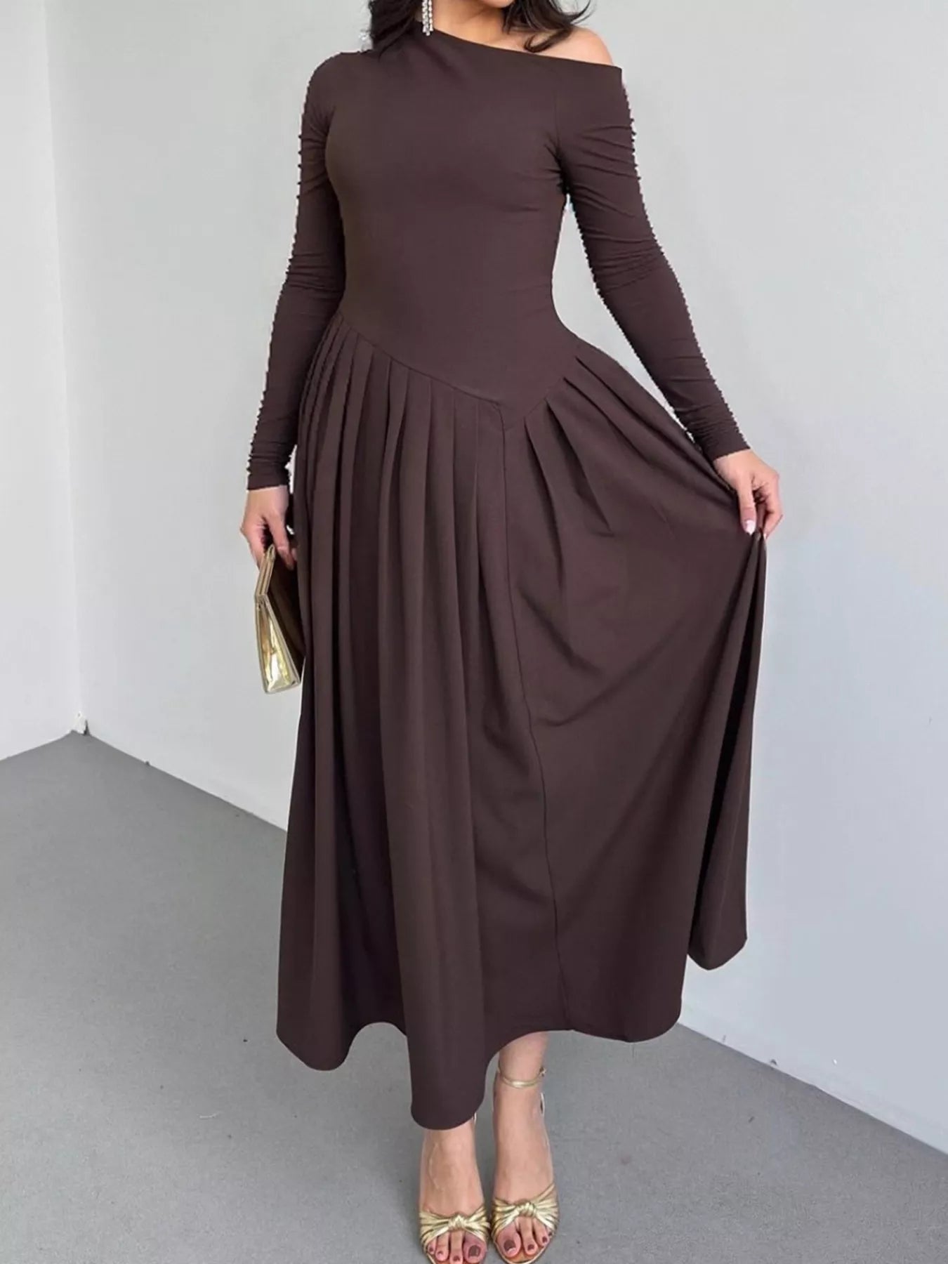 Ruched One Shoulder Long Sleeve Dress