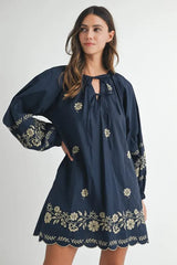 MABLE Embroidered Long Sleeve Peasant Mini Dress