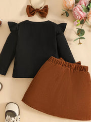 Children's Ribbed Knit Top and Bowknot Skirt Set with Headband
