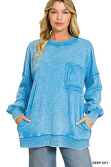 Zenana Acid Wash Raw Edge French Terry Sweatshirt with Front Pocket