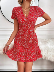 Printed Ruffled Hem V-Neck Short Sleeve Mini Dress