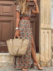 Full Size Printed V-Neck Short Sleeve Maxi Dress Plus Size