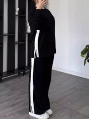 Full Size Contrast Round Neck Top and Pants Set Plus Size