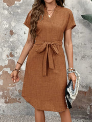 Textured Notched Tie-Waist Dress