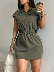 Zipper Front Short Sleeve Mini Dress