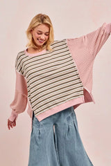 BiBi Stripe Mixed Top With Cut Edge And Reverse Outseam