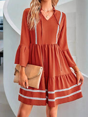 Tie-Neck Long Sleeve Mini Dress with Trim Detail