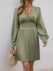 Pleated Long Sleeve V-Neck Dress