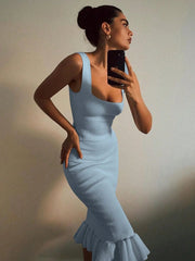 Ribbed Knit Bodycon Mermaid Dress with Ruffle Hem