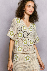 POL Button Front V-Neck Crochet Cardigan with Contast Star