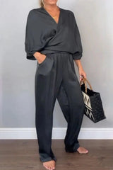 Full Size Wrap Surplice Top and Pants Set Plus Size