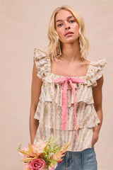 BiBi Floral Printed Woven Front Bow Tied Ruffled Square Neck Sleeveless Top