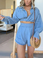 Full Size Long Sleeve Top and Shorts Denim Set Plus Size
