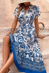 Printed Notched Short Sleeve Dress