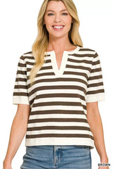 Zenana Split Neck Stripe Short Sleeve Sweater