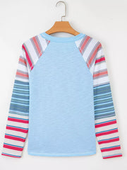 Color Block Round Neck Exposed Seam Patchwork Striped Long Sleeve Top
