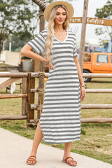Casual Striped V-Neck Midi T-Shirt Dress