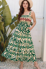 Western Aztec Shirred A-line Sleeveless Maxi Dress