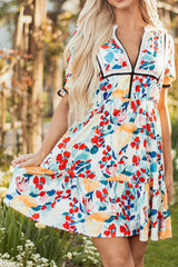 Floral Print Zipper Ruffled Short Sleeve High Waist Mini Dress