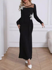 Mesh Panel Long Sleeve Maxi Dress