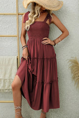 Smocked Tiered Midi Dress with Tie Straps