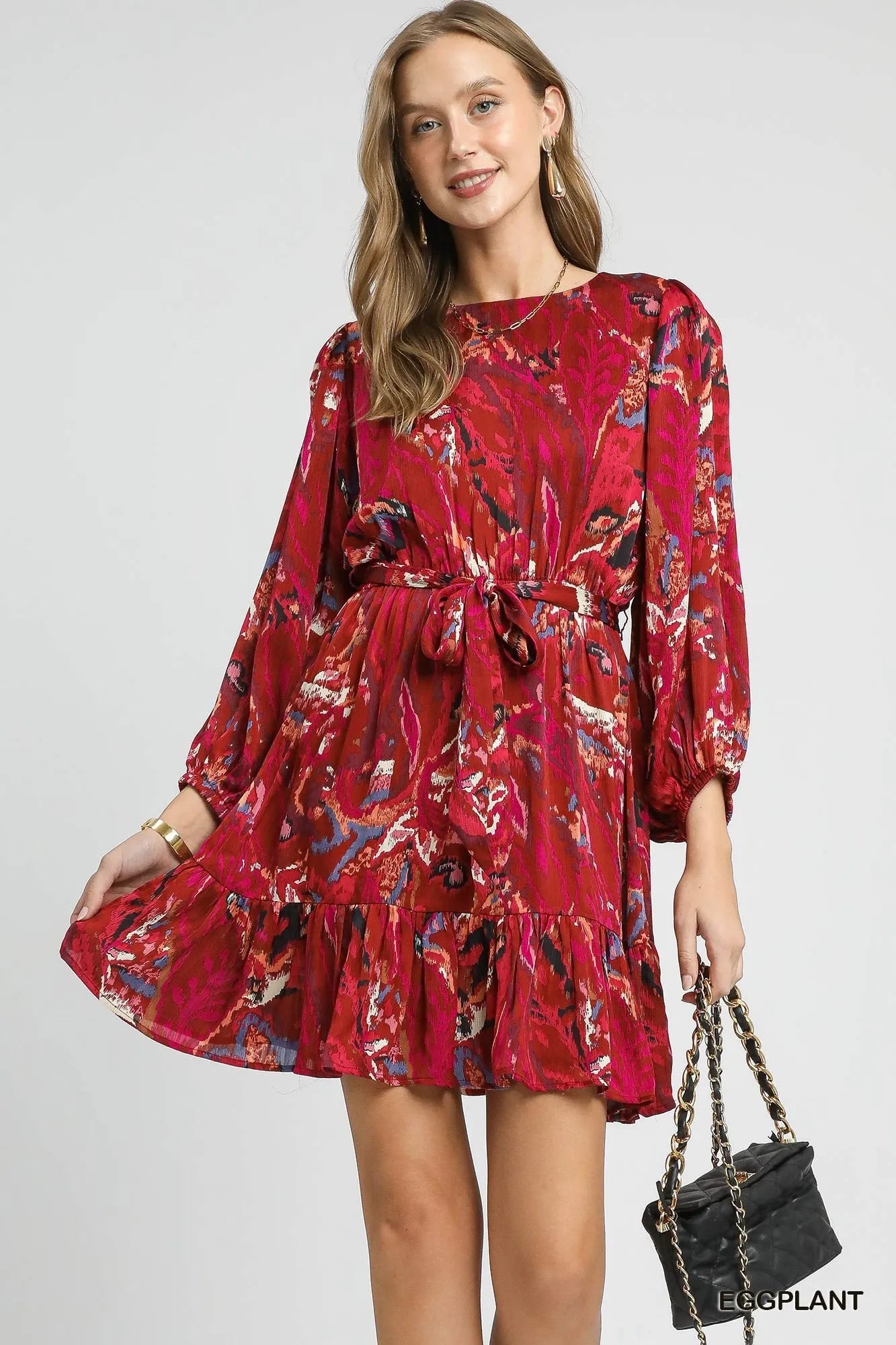 Umgee Ruffled Hem Printed Balloon Sleeve Dress