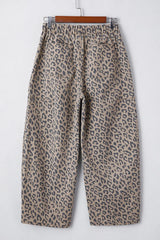 Leopard Printed Drawstring Waist Pocketed Wide Leg Jeans