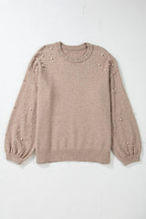 Plus Size Pearl Detail Round Neck Long Sleeve Sweater