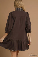 Umgee French Terry Ruffle Hem Dress with Plaid Trim