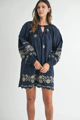 MABLE Embroidered Long Sleeve Peasant Mini Dress