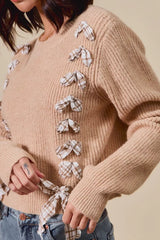 SO ME Checkered Plaid Tape Lace Up Ribbed Sweater