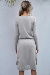 Drawstring Waist Round Neck Long Sleeve Dress