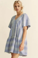 Davi & Dani Embroidered Stripe Ruffled Gingham Mini Dress