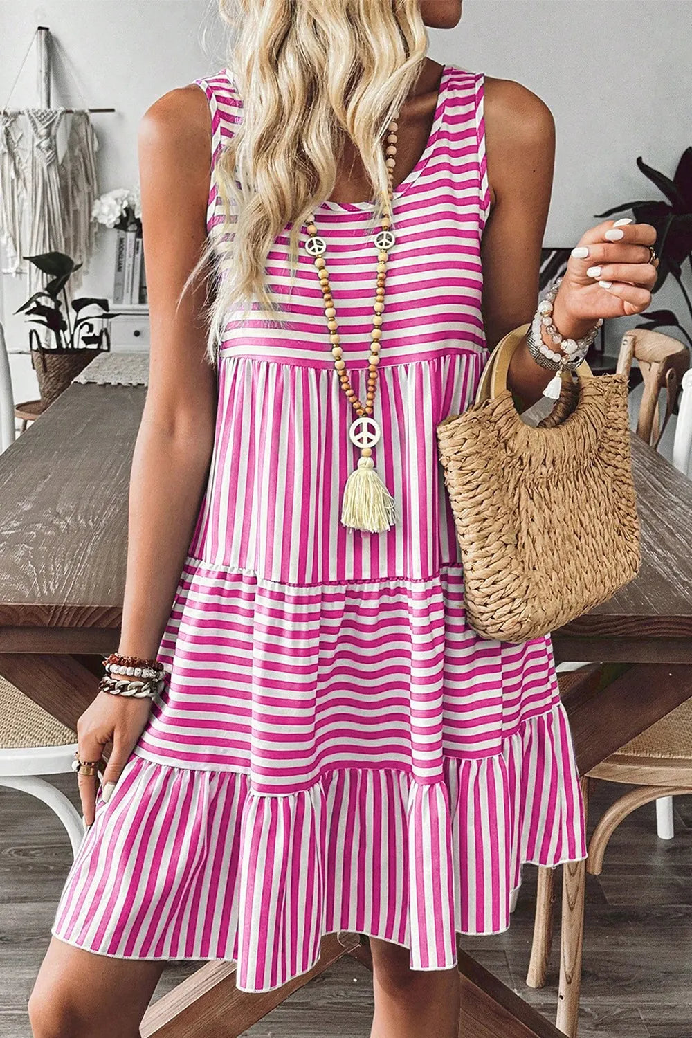 Stripe U Neck Sleeveless Loose Fit Mini Dress