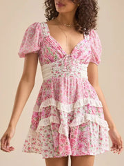 Floral Puff Sleeve Tiered Mini Dress