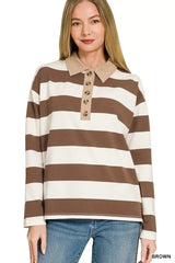 Zenana Striped Contrast Collar Polo Tee