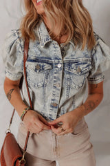 Wash Buttoned Chest Pocket Puff Sleeve Denim Jacket