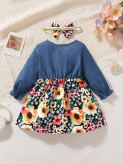 Children's Ruffled Bow Contrast Floral Dress with Headband