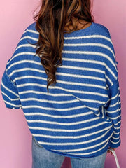 Plus Size Striped Round Neck Dropped Shoulder Sweater