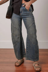 Exposed Stitching Loose Straight High Waist Jeans
