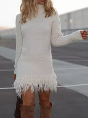 Fringe Turtleneck Long Sleeve Sweater Dress