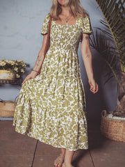 Boho Floral Square Neck Smocked Bust Puff Sleeve Tiered Dress