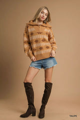 Umgee Floral Patterned Jacquard Quarter-Zip Pullover Sweater