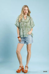 Umgee Abstract Print Ruffled Puff Sleeve Top