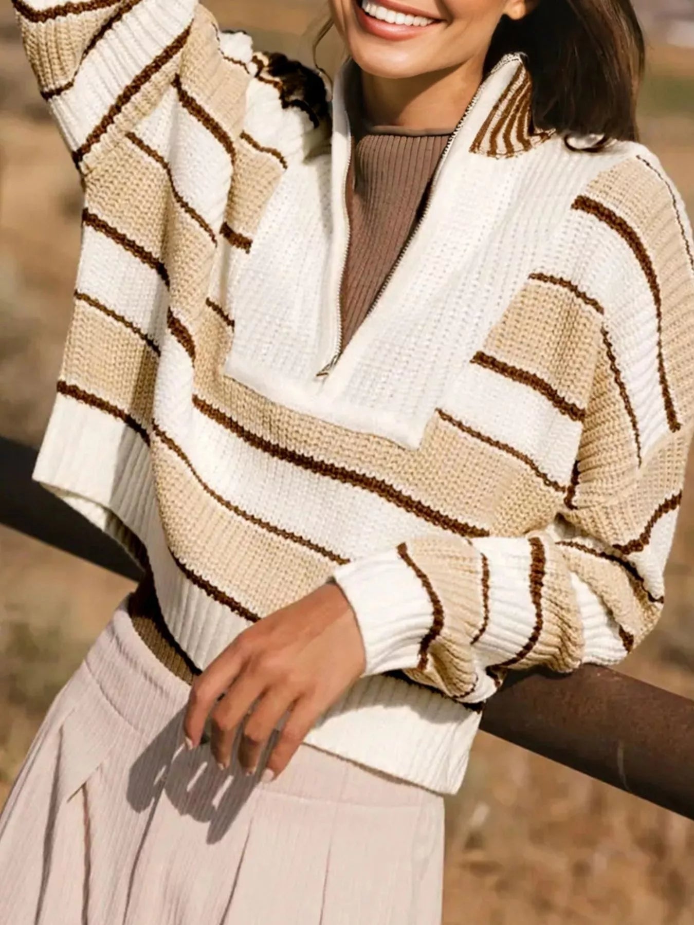 Stripe Half Zip Drop Shoulder Sweater