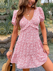Floral Print Wrap Mini Dress with Puff Sleeves