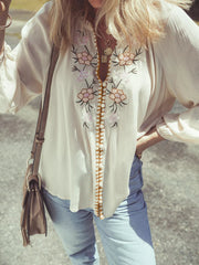 Floral Embroidered Textured Puff Sleeve Loose Shirt