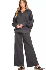 Zenana Scuba Collared Pullover & Center Seam Pants Set