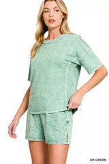 Zenana Halo Snow Washed Short Sleeve Tee and Shorts Set