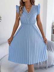 Lace Detail Ruffled Cap Sleeve Pleated Dress